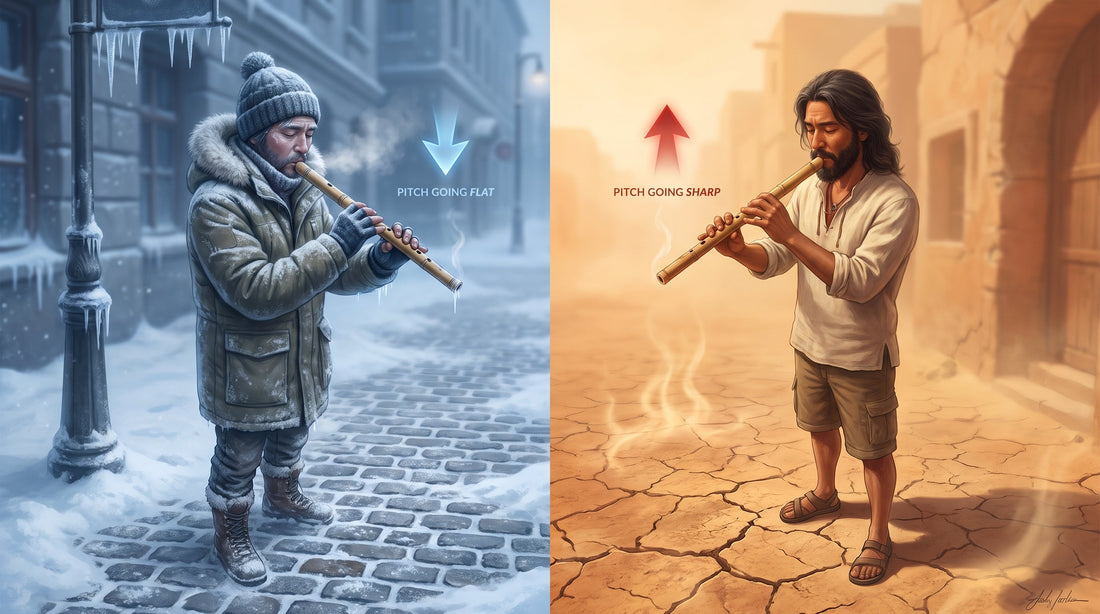 Musician playing a bamboo native flute outdoors in extreme climate conditions