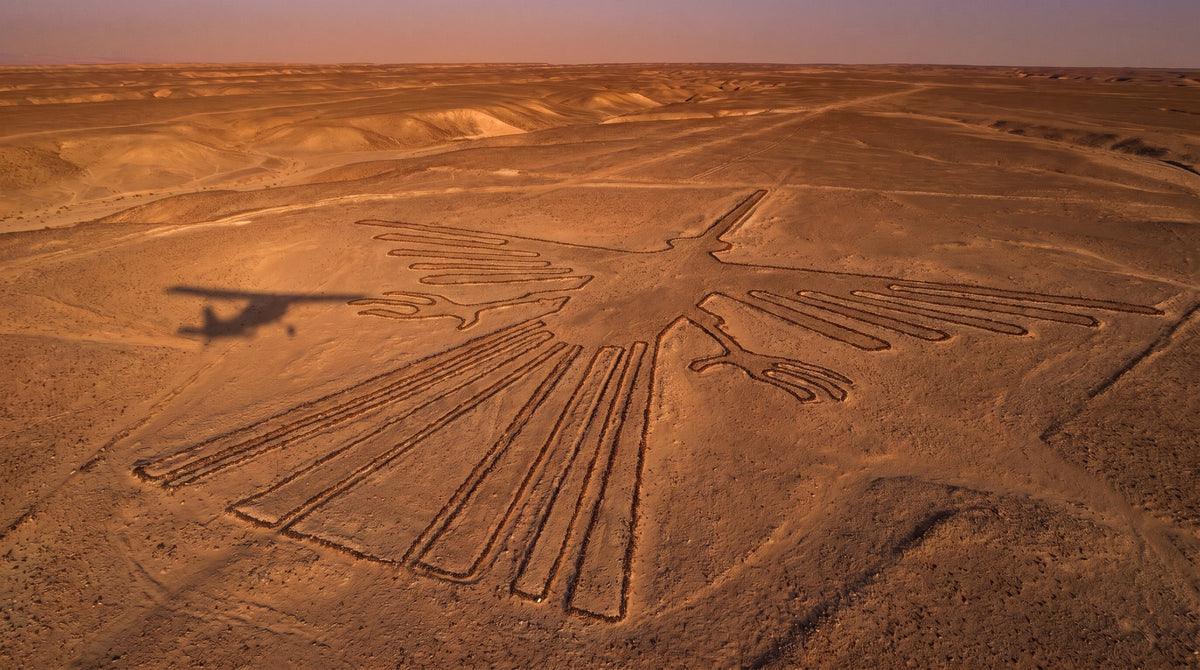 Aerial view of the Nazca Hummingbird geoglyph in the Peruvian desert