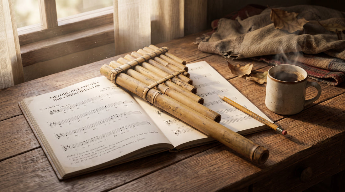 Pan flute resting on a music book, ready to play