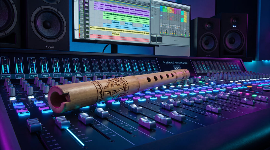 Quena flute resting on a mixing console, blending traditional and modern music